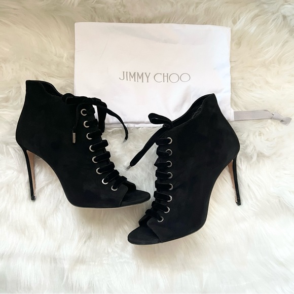Jimmy Choo Shoes - JIMMY CHOO Logo Suede Lace-Up Open Toe Booties